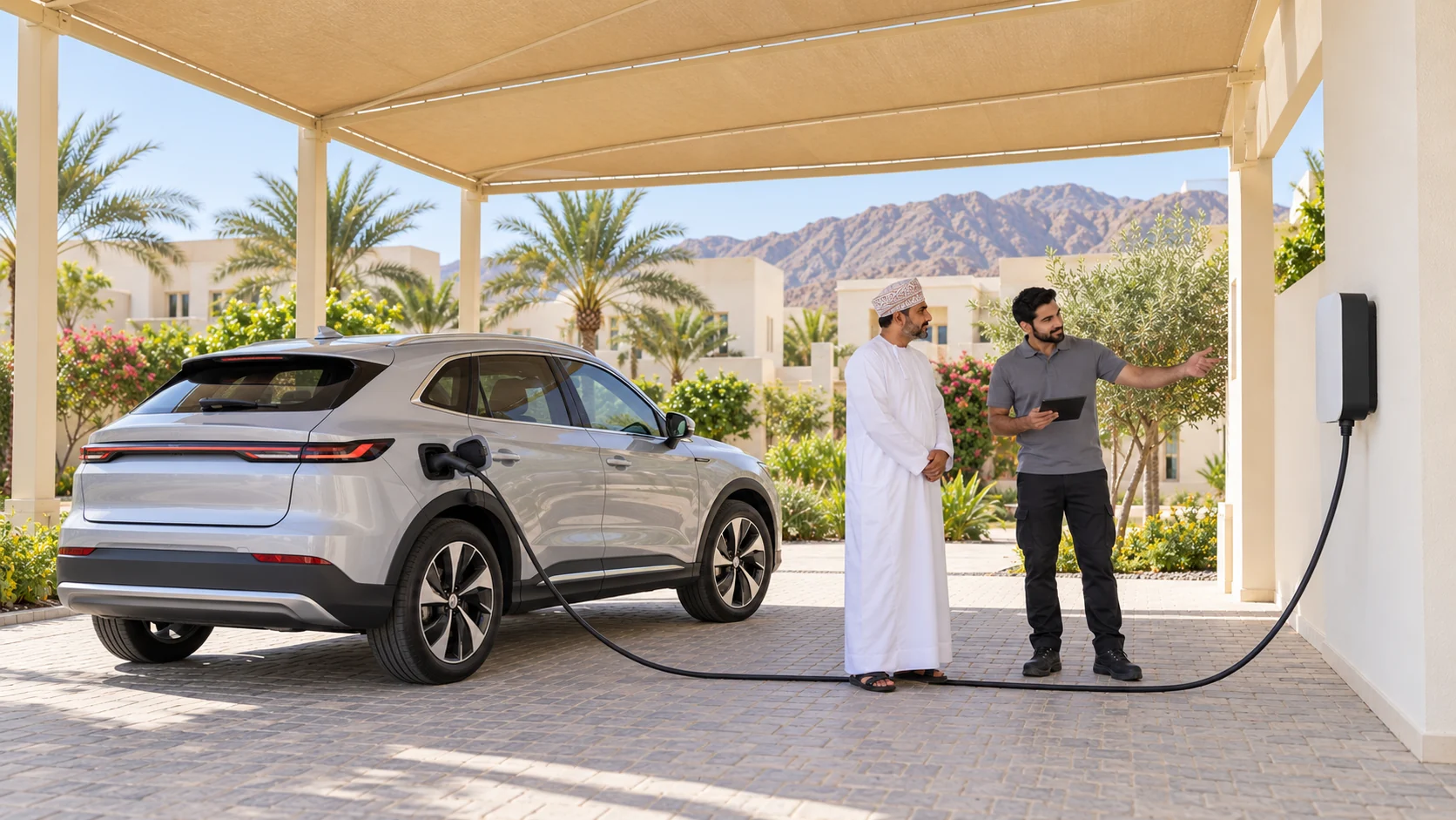 AI illustration of a technician explaining an unbranded EV charger to an Omani homeowner beside an electric car