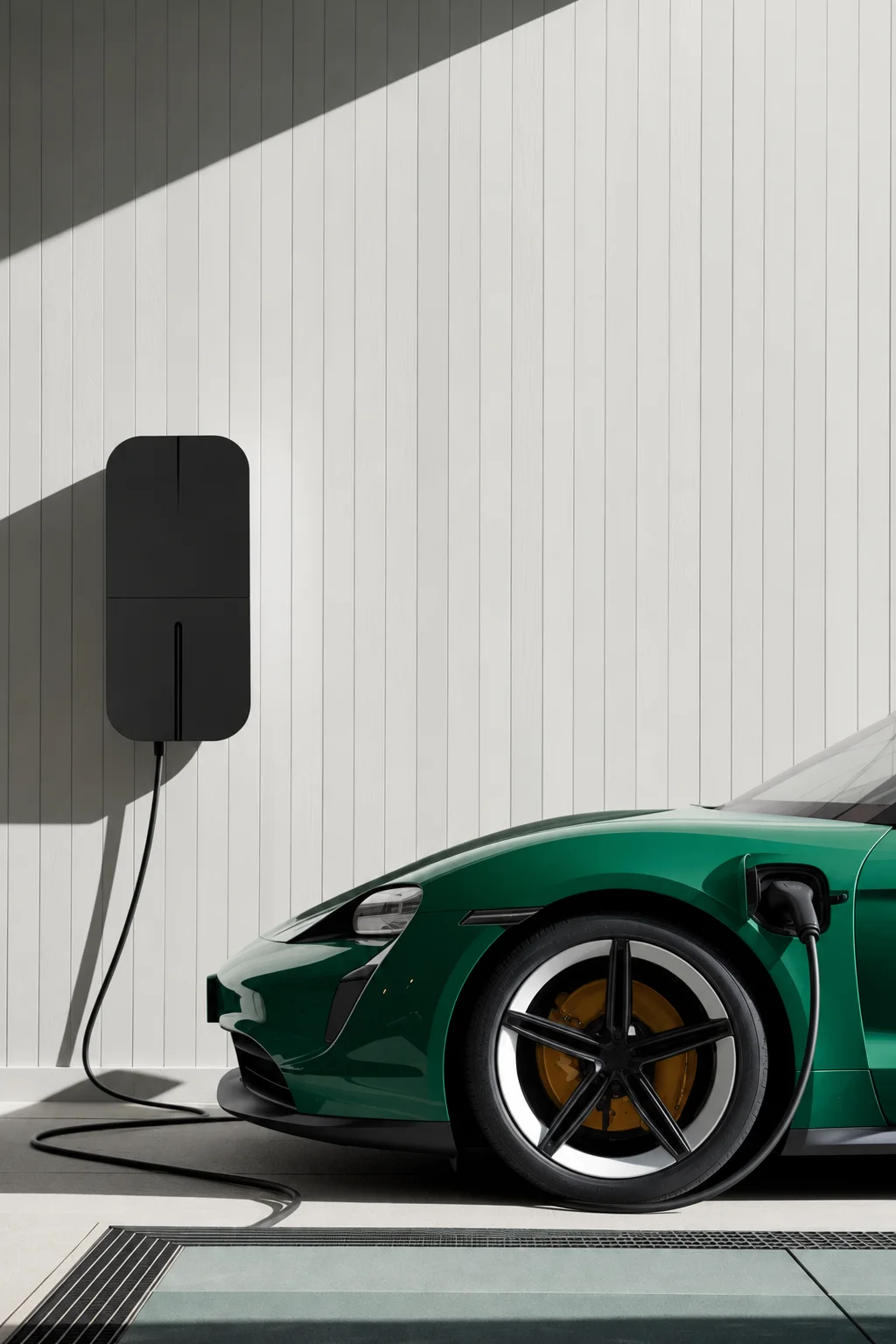 Illustrative teal electric car beside an unbranded black home wallbox