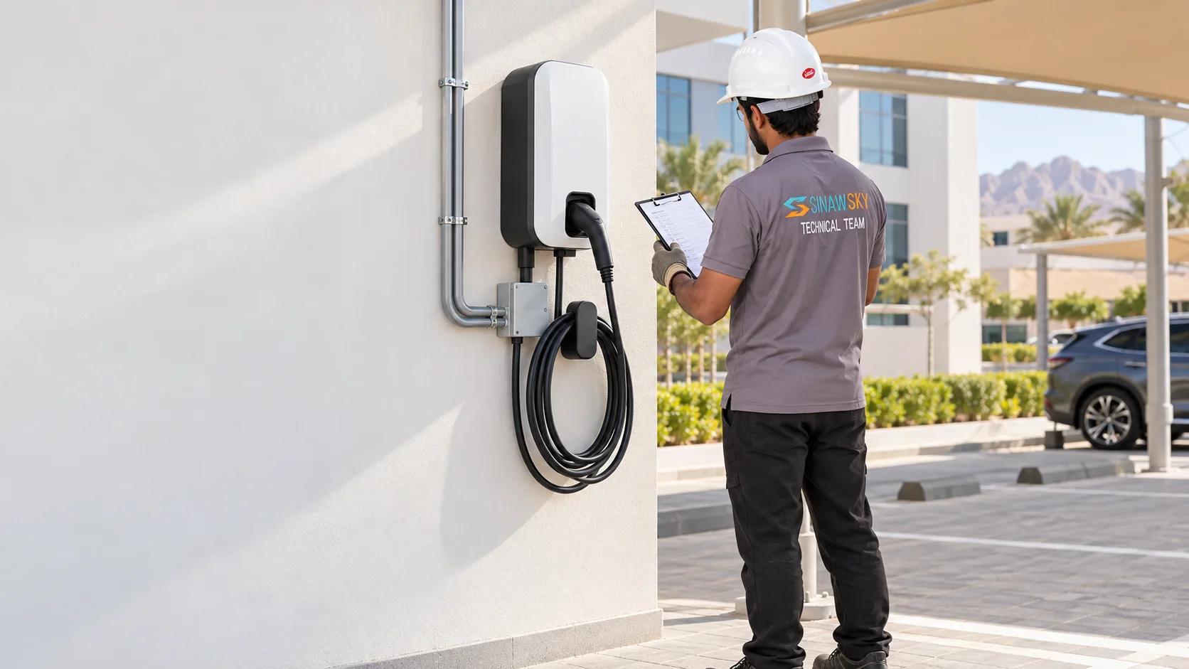 Illustrative technician checking an installed EV charger before handover