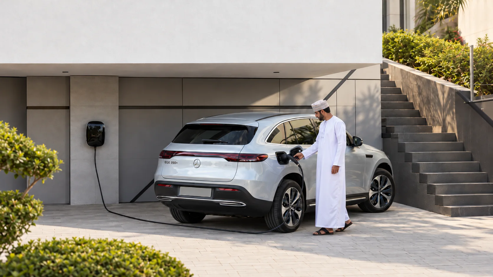 Illustrative Omani driver charging an electric car at a contemporary home