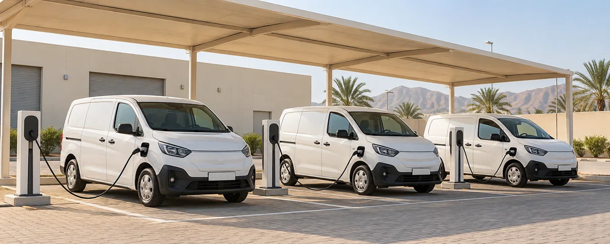 AI illustration of unbranded electric delivery vans charging at an Omani depot