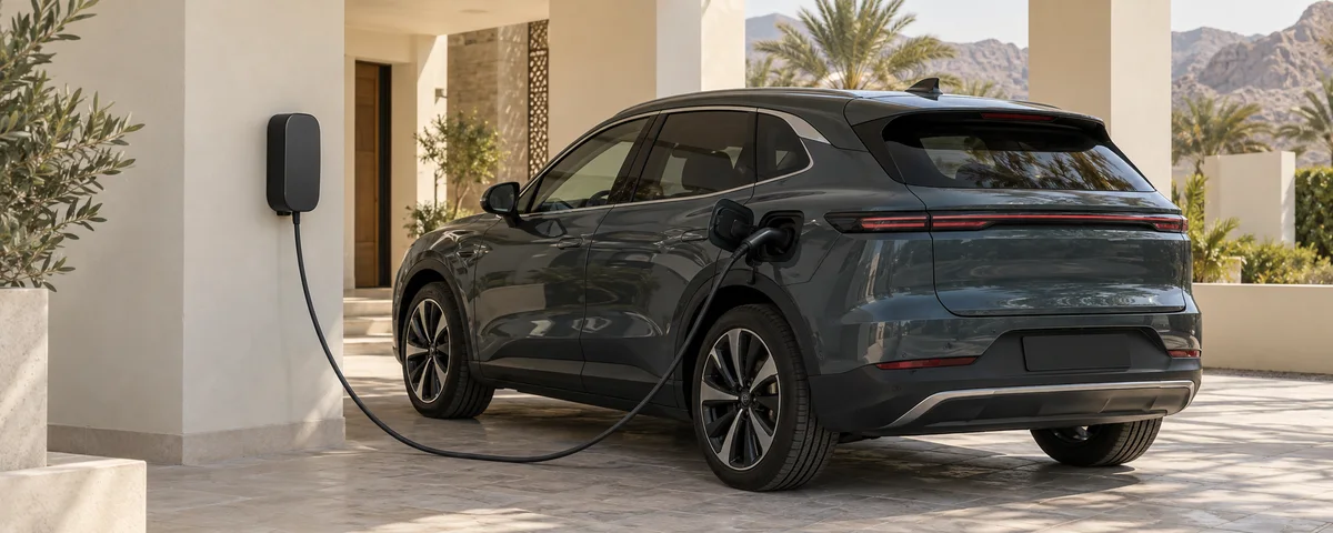 AI illustration of an unbranded home wallbox and an electric crossover at an Omani villa