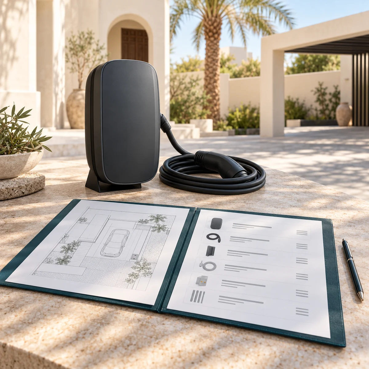 AI illustration of an EV wallbox, site plan and equipment proposal in an Omani courtyard