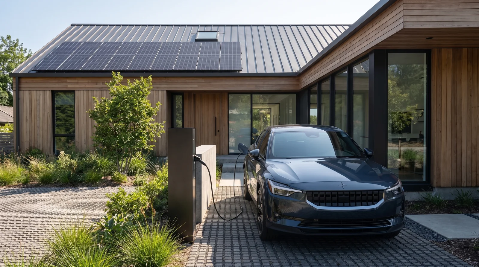 Illustrative solar-panelled home with an EV connected to a charger