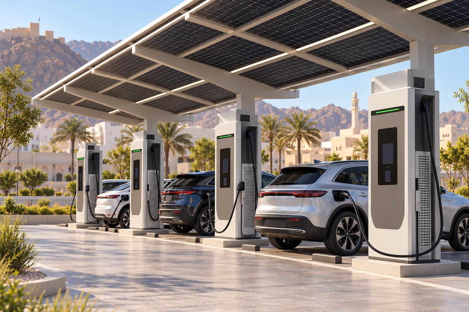 Illustrative EV charging plaza beneath a solar canopy in Oman