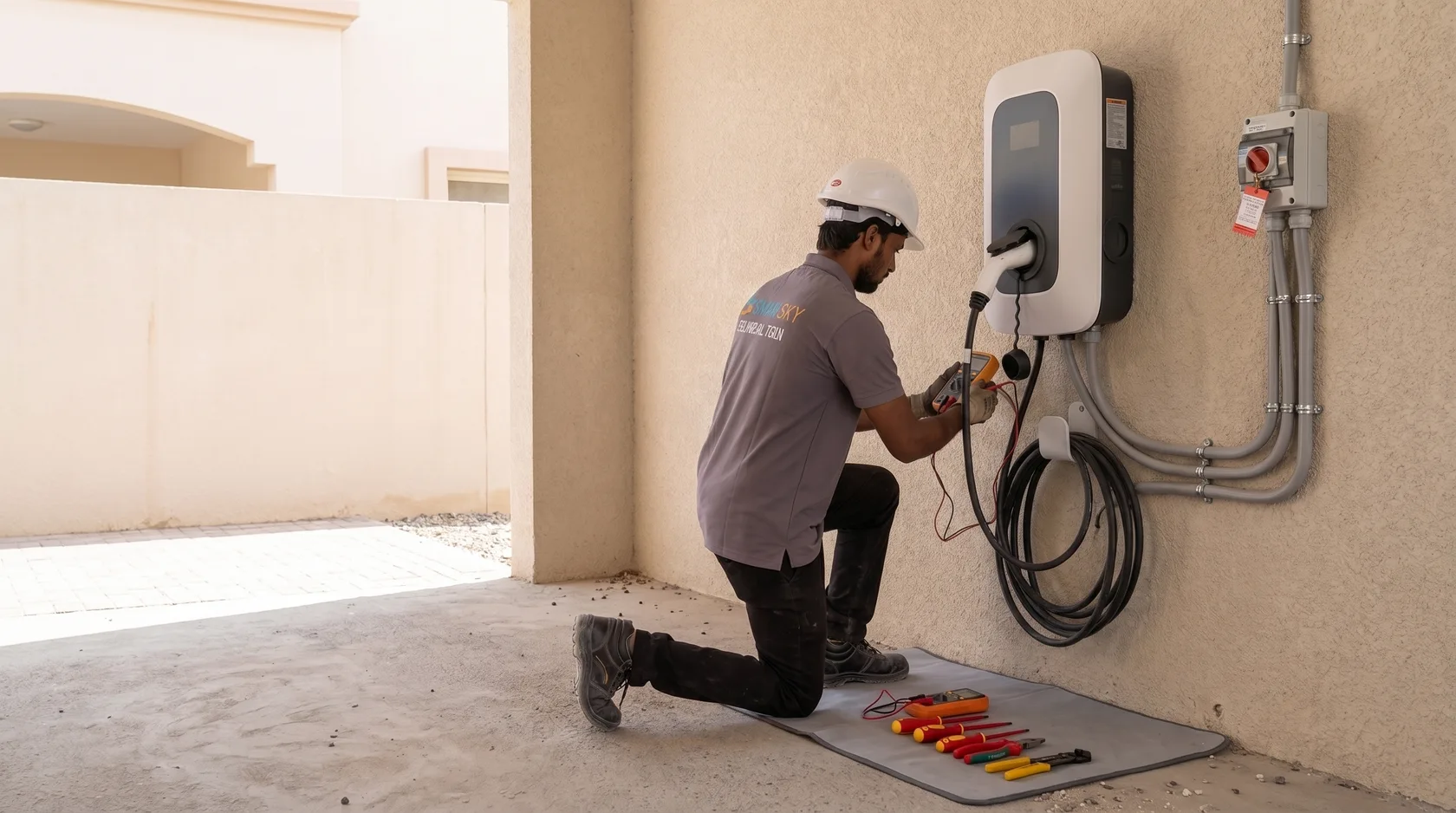 Illustrative Sinaw Sky technician testing an EV charging installation